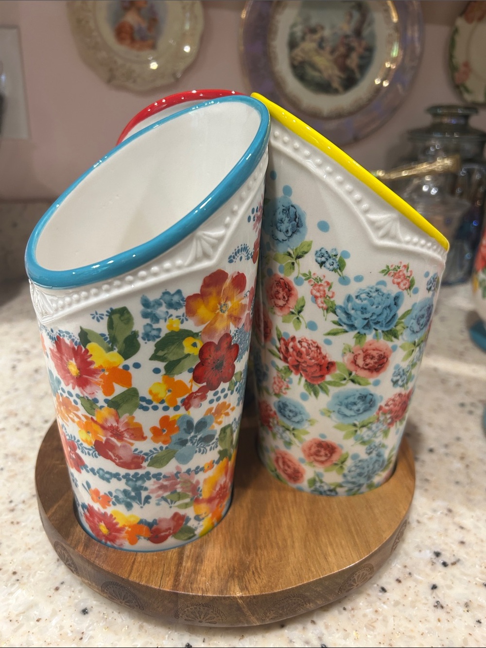 Floral Ceramic Utensil Holders with Colored Rim - Set of 3 with Wood Lazy Susan